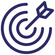A symbol with three concentric rings with a quarter missing representing a target and an arrow in the centre.
