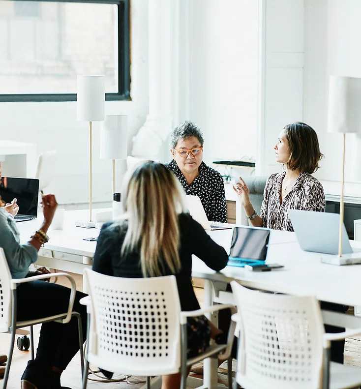 A group of diverse people sitting around a table in a meeting room.