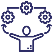 A symbol consisting of a person with outreached arms and three cogs forming a flow between each arm and the cogs.