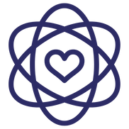 A symbol of a heart surrounded by three elliptical rings.